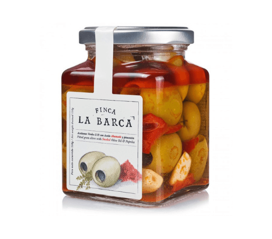 FINCA LA BARCA Aceitunas Gordal deshuesada con Aceite de Oliva Ahumado y Pimentón 130g